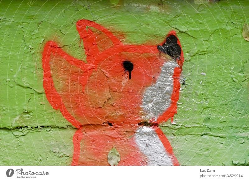 Trauriger Fuchs Füchse Tier Wildtier Natur Tierporträt Farbfoto Säugetier Graffiti Wandmalereien Tierjunges Blick niedlich streetart mehrfarbig orange grün
