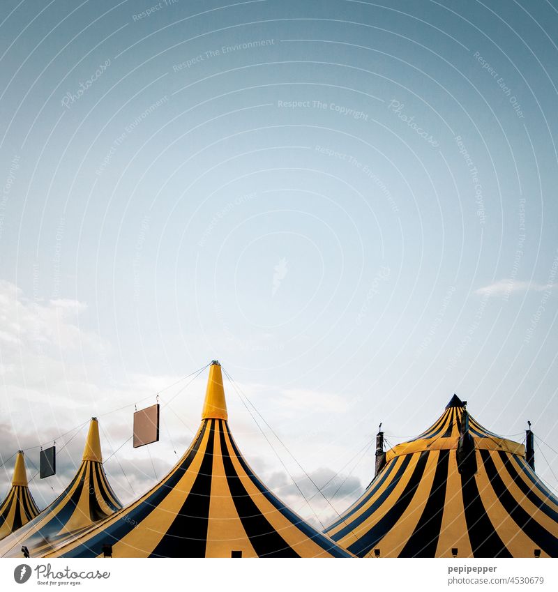 Zeltstadt Zelten Circus Außenaufnahme Sommer Himmel Streifen schwarzgelb Zirkus Entertainment Jahrmarkt Show Menschenleer Zirkuszelt Veranstaltung Farbfoto