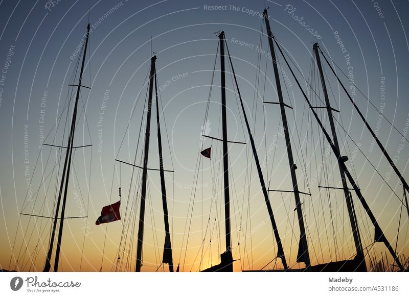 Masten und Takelage der Yachten und Segelschiffe im Licht der untergehenden Sonne im Sommer am Hafen in der Bucht von Foca am Ägäischen Meer in der Provinz Izmir in der Türkei