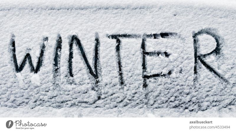 Winter im Schnee auf Autofenster geschrieben Wort Text kalt Wetter schriftlich schreibend PKW Fenster Temperatur Saison Eis weiß Nachricht frisch Frost