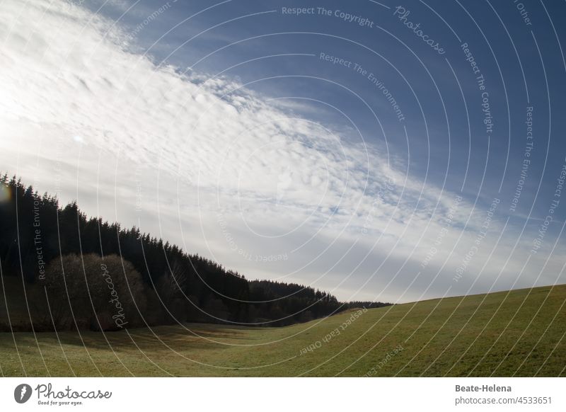 Dynamisches Wetter: diagonales Wolkenband Dynamik Außenaufnahme Menschenleer Schönes Wetter Himmel Umwelt Farbfoto Landschaft Sonnenlicht Wolkenhimmel Natur