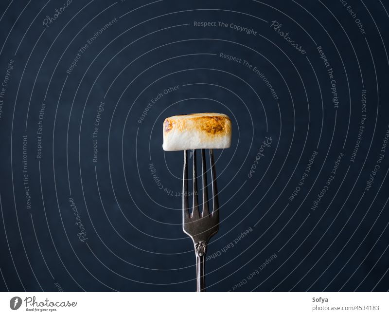 Geräucherter Marshmallow auf Gabel auf dunklem Hintergrund dunkler Hintergrund geräuchert schwarz süß Lebensmittel Zuprosten blau gekocht smore Snack