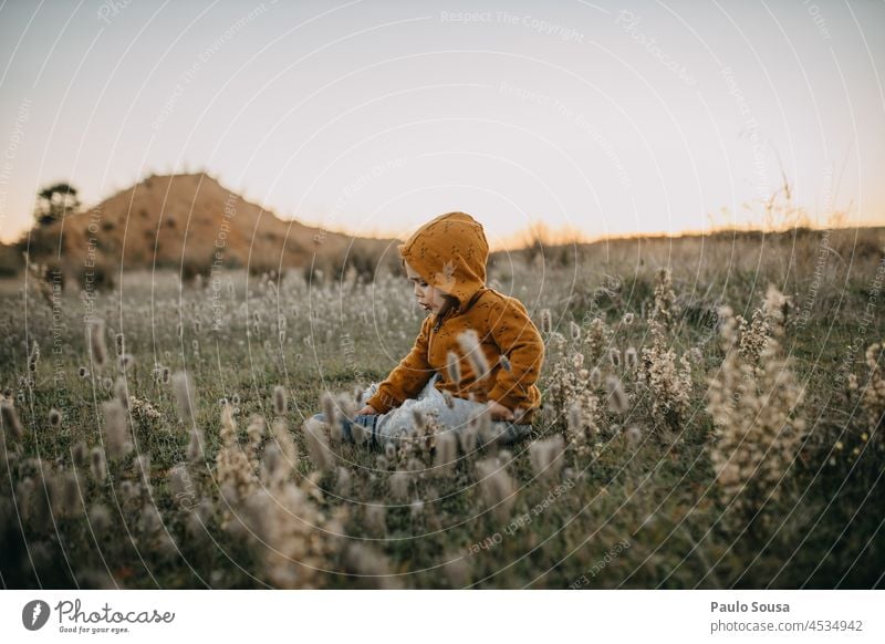 Kind auf der Wiese sitzend Kindheit 1-3 Jahre Kaukasier authentisch Herbst Kapuze Kapuzenpulli orange Kindheitserinnerung Natur Leben mehrfarbig Lifestyle