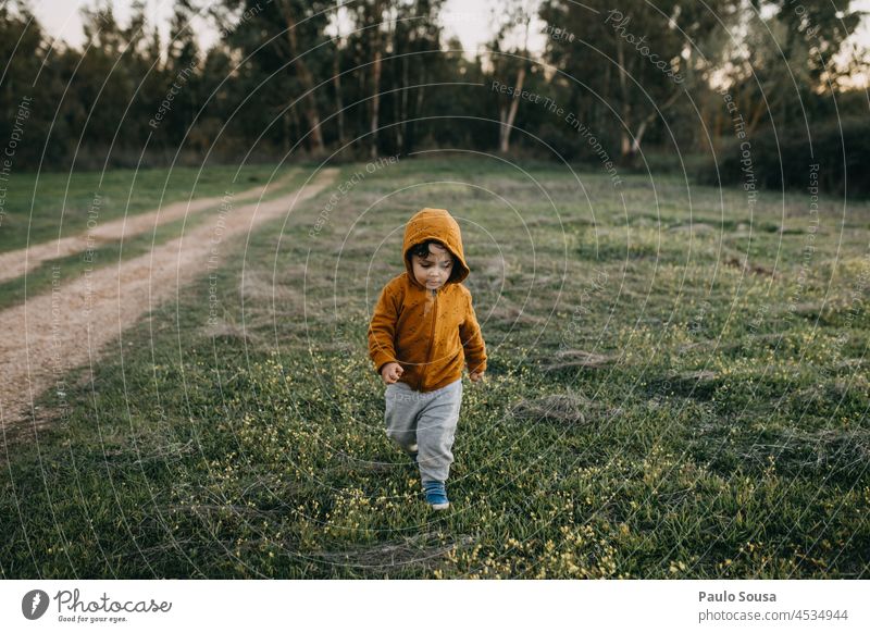 Kind mit orangefarbenem Kapuzenpulli beim Spaziergang Kindheit 1-3 Jahre Kaukasier Kapuzenpullover Porträt maskulin Pullover Außenaufnahme Mensch Tag