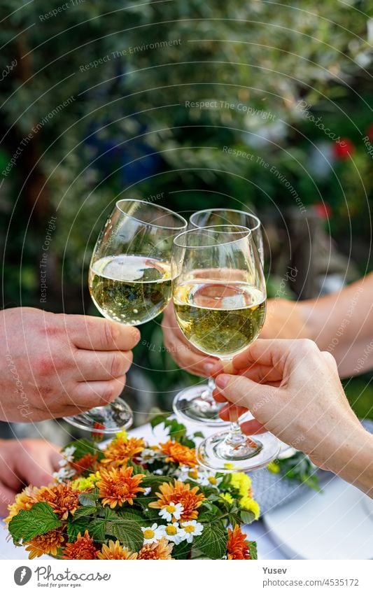 Eine glückliche Familie, die bei einem sommerlichen Gartenfest zu Abend isst und auf die Getränke anstößt. Es wird angestoßen und getrunken. Festliches Familienessen im Hinterhof. Männliche und weibliche Hände halten Gläser mit Wein. Lebensstil