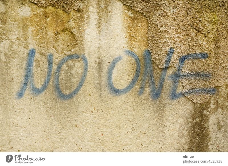 NO ONE steht in blauen Druckbuchstaben an der alten Wand / niemand no one Schrift Graffito Graffiti Lifestyle Hauswand Typographie Mitteilung Wandmalereien