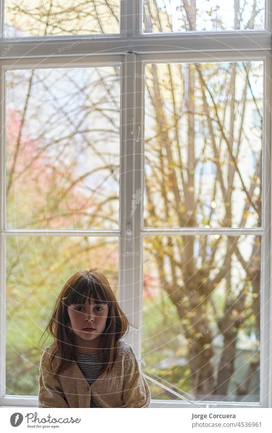 Mädchen, das auf einer Fensterbank sitzt, am Fenster Sitzen Kind Person Menschen Junge Porträt Kindheit wenig heimwärts im Innenbereich allein Glas Ausdruck