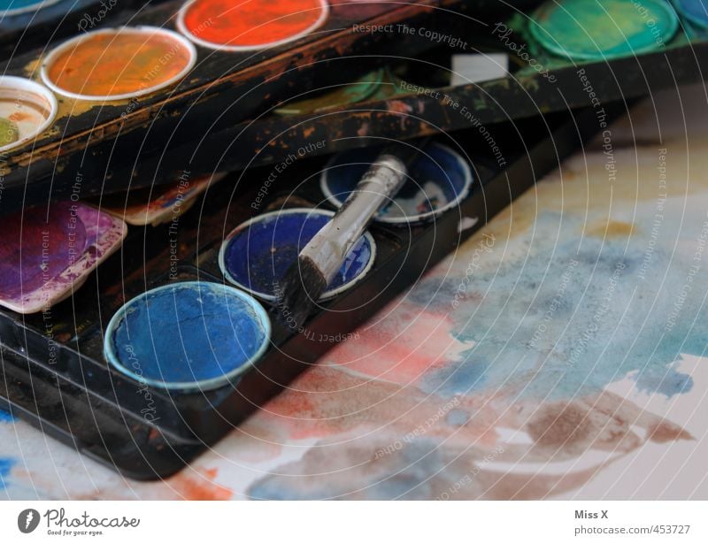 Bunter Freizeit & Hobby Kunst Kunstwerk Gemälde dreckig nass mehrfarbig Farbe Kreativität malen Pinsel Farbkasten Wasserfarbe Farbstoff Aquarell Papier bemalt
