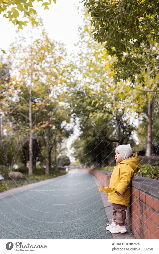 Cute kaukasischen Baby Mädchen ein Jahr alt zu Fuß im Herbst im Freien. Glückliche gesunde Kind mit Smiley-Gesicht genießen das Leben und Herbst Saison auf Sonnenuntergang