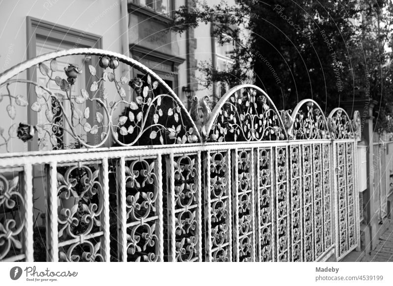 Kunstvoller Zaun mit aus Schmiedeeisen im Jugendstil vor dem Vorgarten einer alten Villa im Westend von Frankfurt am Main in Hessen, fotografiert in neorealistischem Schwarzweiß