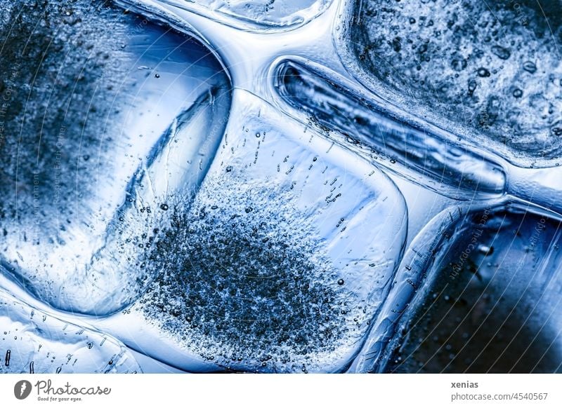 Makroaufnahme: Dünne Eiswürfel mit Luftblasen in blauem Licht kalt Wasser Strukturen & Formen gefroren durchsichtig Reihe frieren abgerundet eisig tieggekühlt