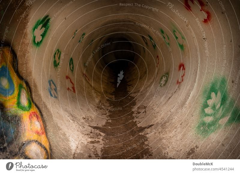 Bemalter Abwasserkanal dient als Spielplatz Unterführung Kanalisation Außenaufnahme Farbfoto Wasser Menschenleer rund Röhre Beton Tunnel Bemalung grau Tag