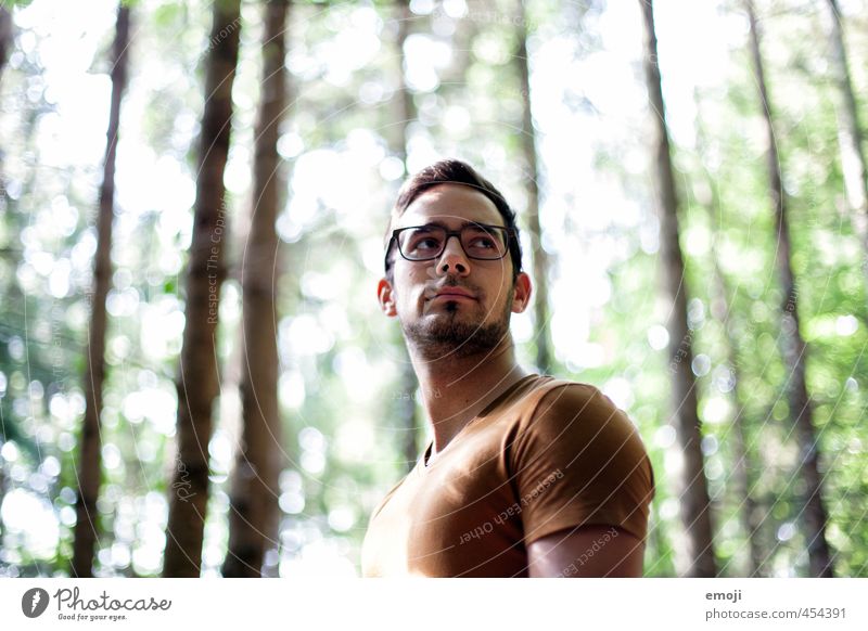 Licht & Schatten maskulin Junger Mann Jugendliche Gesicht 1 Mensch 18-30 Jahre Erwachsene Wald T-Shirt Brille schön Farbfoto Außenaufnahme Tag