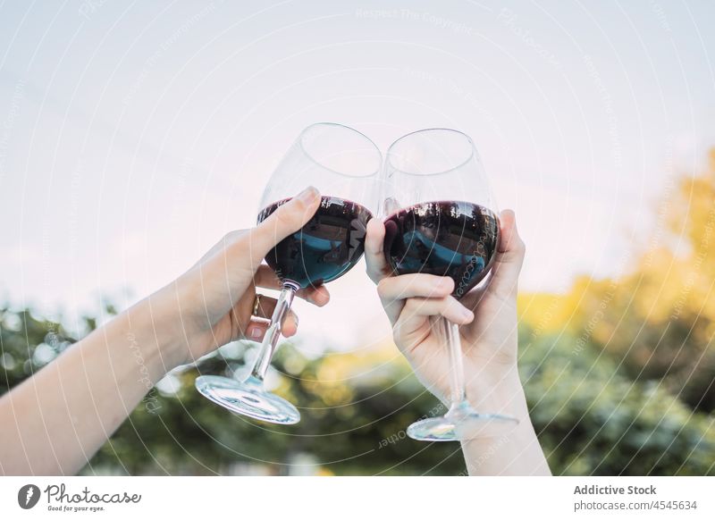 Crop gesichtslose Damen stoßen in der Natur mit Rotwein an Frauen Zuprosten feiern Freund Wein Klirren Alkohol jubelt Garten Baum Hand Weinglas trinken Getränk