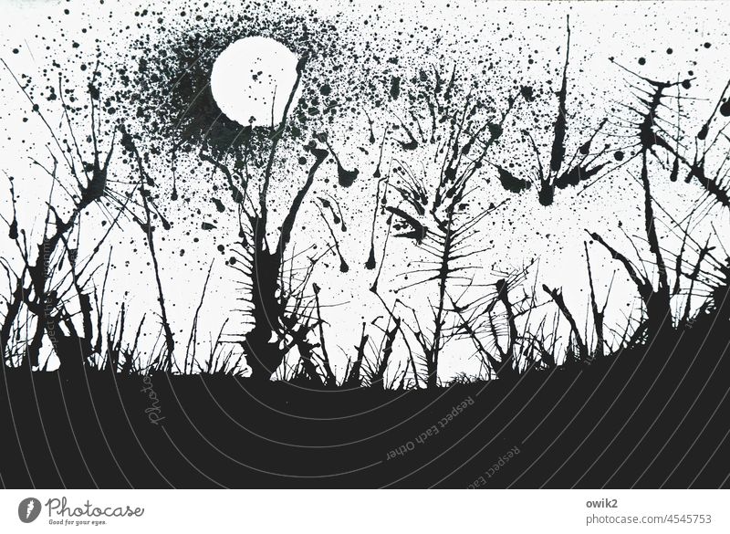 Stachelige Landschaft Kunst Kunstwerk Malerei Tinte Verlauf zerlaufen durcheinander Horizont Pflanzen abstrakt Silhouette schwarz-weiß Insekten fliegen