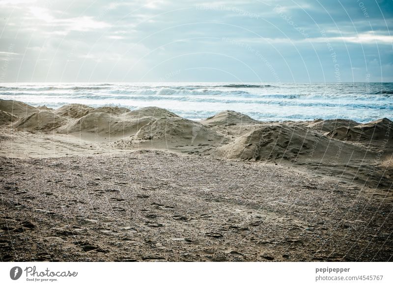 aufgetürmte Sandhügel an der niederländischen Nordseeküste Sandstrand Hügel Hügelige Landschaft Meer Meeresufer Meerwasser Meereslandschaft Wasser Strand