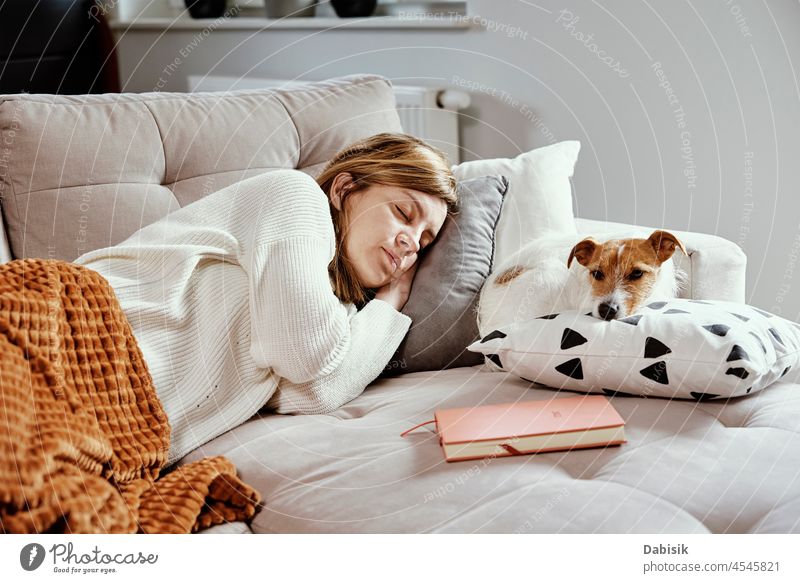 Frau schläft mit Hund auf Sofa Haustier Tier Bett schlafen Freundschaft ruhen Kaukasier Lifestyle schön niedlich Begleiter müde Erholung träumen Lügen hübsch