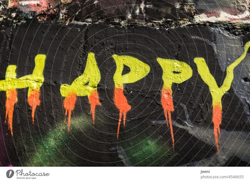 Ziemlich glücklich… happy Glück Freude Lebensfreude Zufriedenheit Gefühle Stimmung Fröhlichkeit Optimismus positiv Begeisterung streetart Wort Englisch