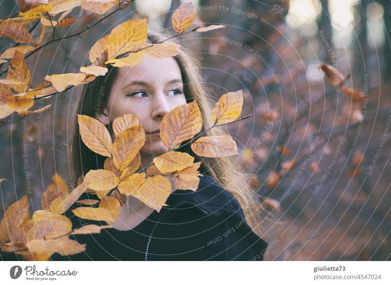Porträt eines Teenager Mädchens im Herbstwald Wald Blätter herbstlich Herbstlaub Herbstfarben Herbststimmung Jugendliche Junge Frau feminin 13-18 Jahre