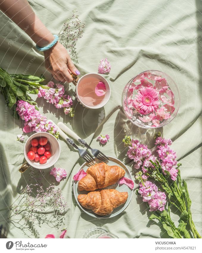 Romantisches Sommerpicknick mit Kirschblütentee, Croissants, Kirschen und Frauenhand auf hellem Textilhintergrund. Essen und Trinken Konzept mit Blumen. Ansicht von oben.
