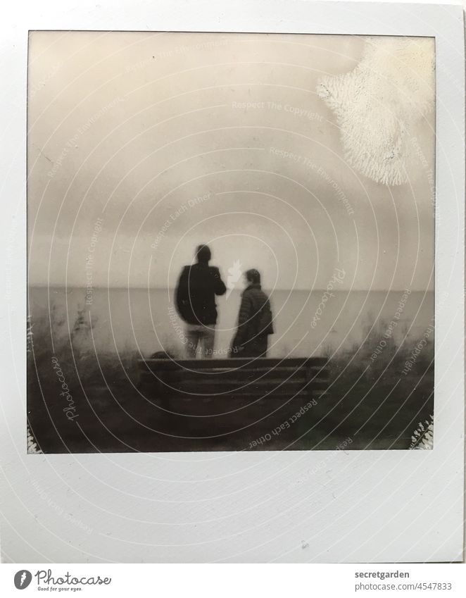 Die Zwei, eine Bank und das Meer. Polaroid analog starren Mutter Sohn Muttertag trist Winter kalt minimalistisch Horizont Rahmen Flecken Nebel Einsamkeit Tag