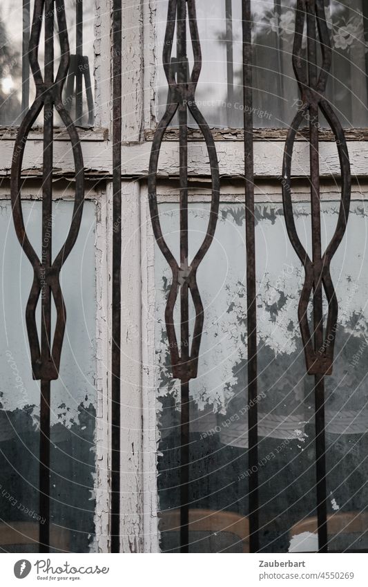 Fenstergitter vor altem Fensterkreuz Gitter Fensterrahmen weiss abblättern Schmiedearbeit Glas Schreibe Spiegelung lost places Ruhe Struktur Muster