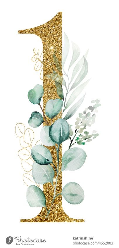Goldene Zahl 1 mit grünen Aquarell Eukalyptuszweigen verziert isoliert botanisch Charakter Zeichnung Element handgezeichnet Feiertag vereinzelt Natur numerisch