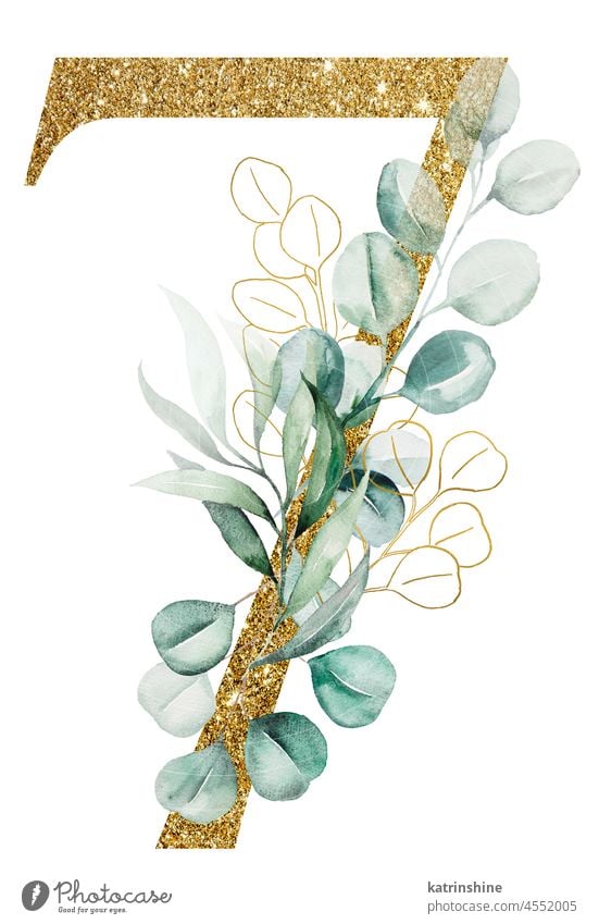 Goldene Zahl 7 mit grünen Aquarell Eukalyptuszweige verziert isoliert botanisch Charakter Zeichnung Element handgezeichnet Feiertag vereinzelt Natur numerisch