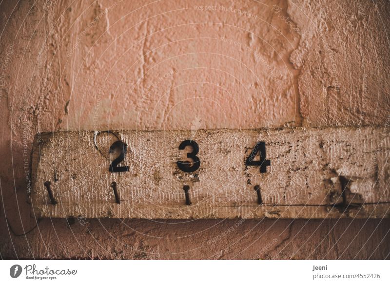 2 - 3 - 4 unvollständige Zahlenfolge | Lost Land Love Wert Ziffern & Zahlen Nummer zählen Nägel Holzbrett Wand Schriftzeichen lost places Zahlenreihe