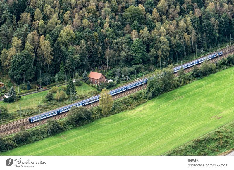 Blick von oben auf eine Bahnlinie mit Personenzug Landschaft Eisenbahn Zug menschenleer Gras Wiese Wald Natur Elbtal
