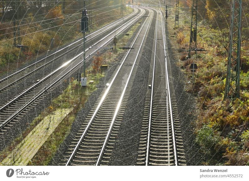 Schienen im Sonnenlicht Bahn Gleis Gleise Bahnhof Bahnfahrt Schienenverkehr Umwelt nachhaltig transport umweltfreundlich Transportmittel Personenverkehr