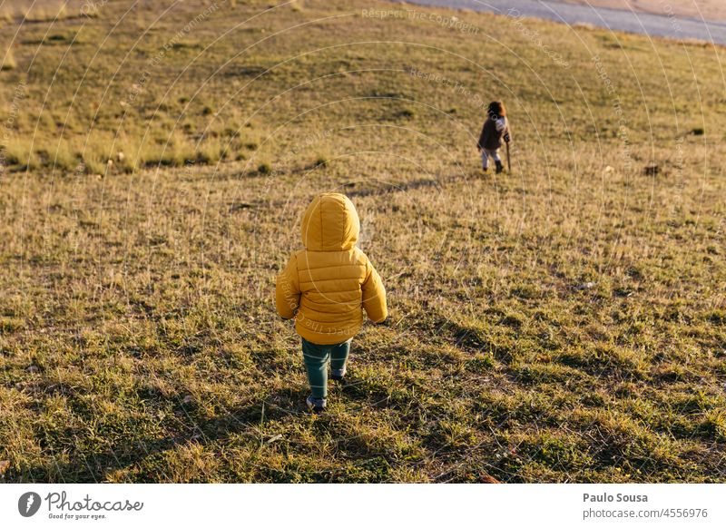Rückansicht Kind zu Fuß gelb Kindheit Geschwister 1-3 Jahre Gras Kapuze Kapuzenjacke Natur Herbst Freizeit & Hobby Außenaufnahme Tag Farbfoto Mensch authentisch