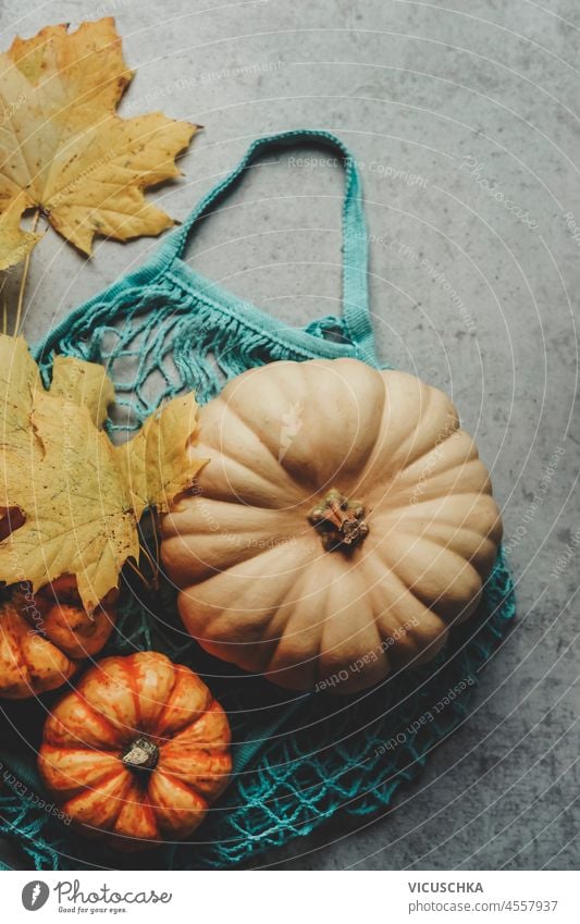 Nahaufnahme von Kürbis in blauer wiederverwendbarer Einkaufstasche mit schönen Herbstblättern auf grauem Hintergrund. Nachhaltiger und plastikfreier Lebensstil. Herbstkonzept mit saisonalem Gemüse. Ansicht von oben.