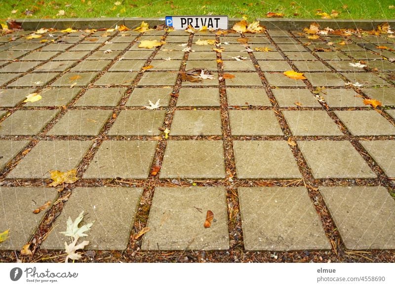 Metallschild  - P Privat - am Ende einer Parkfläche aus Rasenfugenpflaster an einer Rasenkante / parken Parkplatz Schilder & Markierungen Drainfugenpflaster