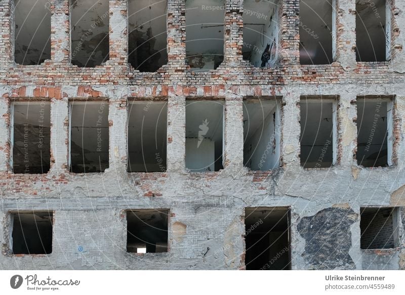 Offene Fensteröffnungen in der Fassade einer verlassenen Fabrik Gebäude Laibung Architektur Vergänglichkeit Zahn der Zeit Ruine verfallen Endzeitstimmung alt
