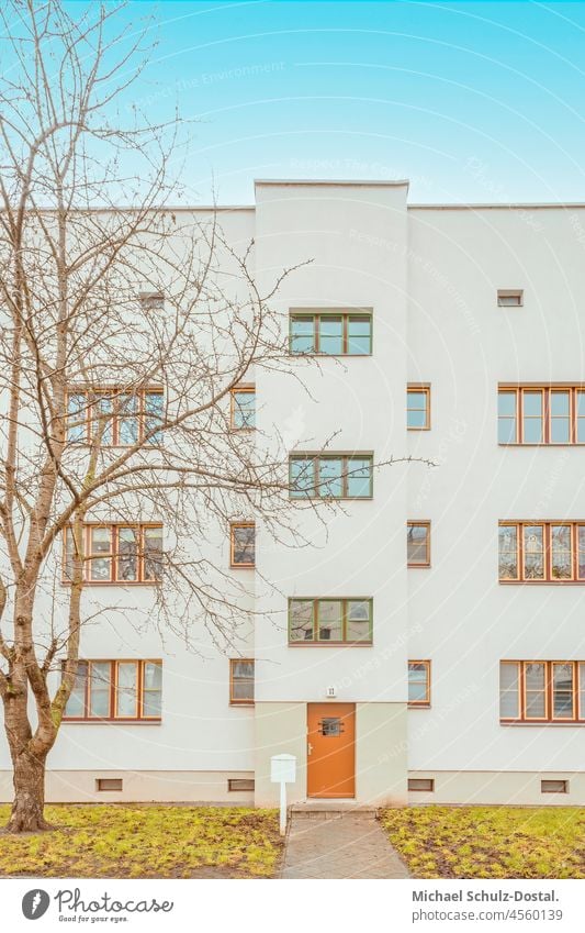 Bauhaus mit roter Tür Magdeburg moderne neues bauen architektur curie minimal farbe form fläche geometrie Architektur Fenster ästhetisch Neues Bauen mietshaus