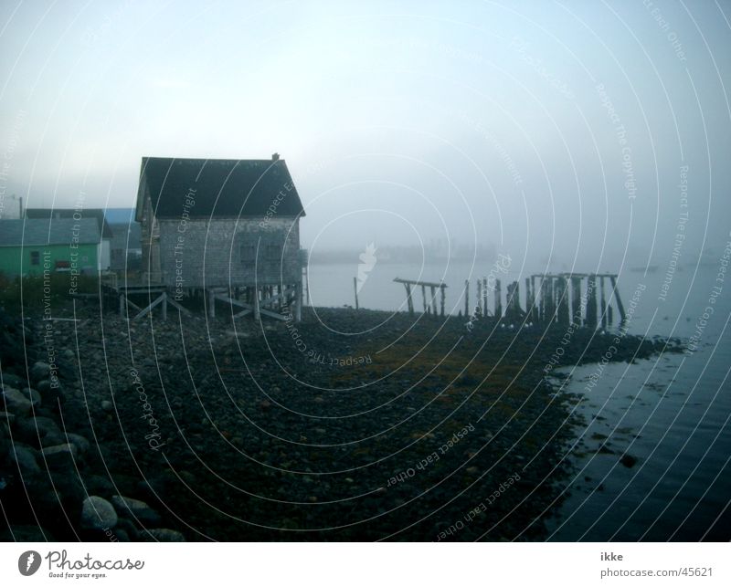 Bootshaus im Nebel Steg Fischerhütte verwittert verrotten verfaulen abstützen Küste Meer Kanada Nova Scotia Fischereiwirtschaft Hütte Pfosten Wasser