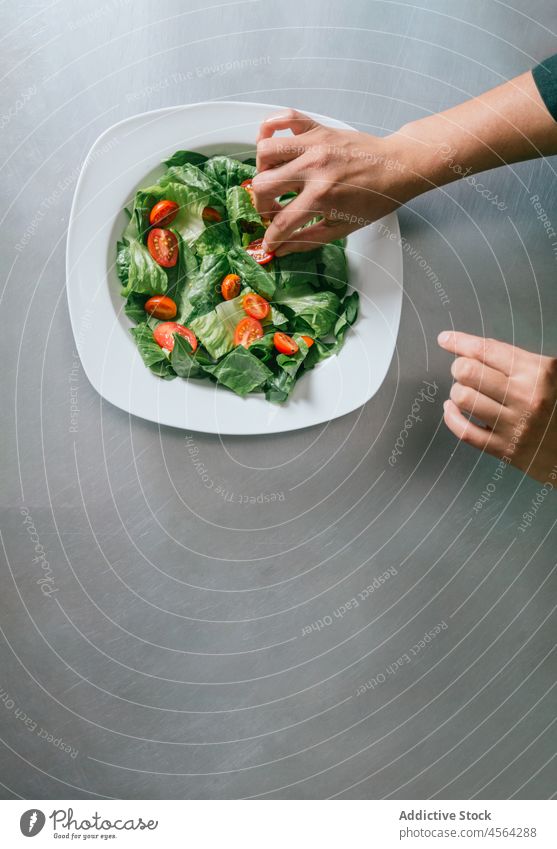 Ernteköchin setzt Kirschtomaten auf Feldsalat Küchenchef Frau Koch Gemüse Salatbeilage Lebensmittel Speise kulinarisch Gesundheit frisch hinzufügen Bestandteil