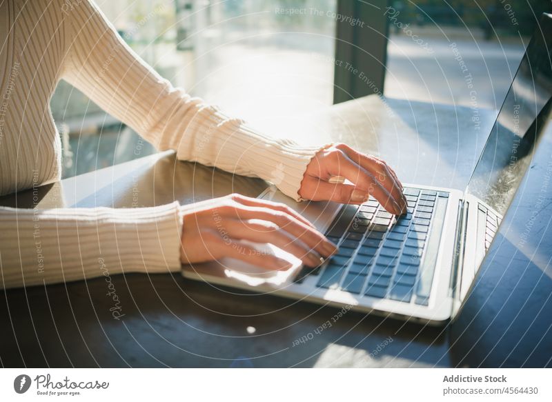 Crop-Frau tippt E-Mails auf einem Laptop in einem Café im Sonnenlicht freiberuflich Browsen Projekt Arbeit Gerät abgelegen Apparatur benutzend Surfen Internet