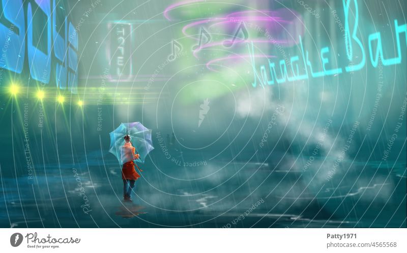 Digitale Illustration. Junge Frau mit Regenschirm steht in einer von Neonschriften beleuchteten Strasse einer futuristischen Cyberpunk City. frau straße