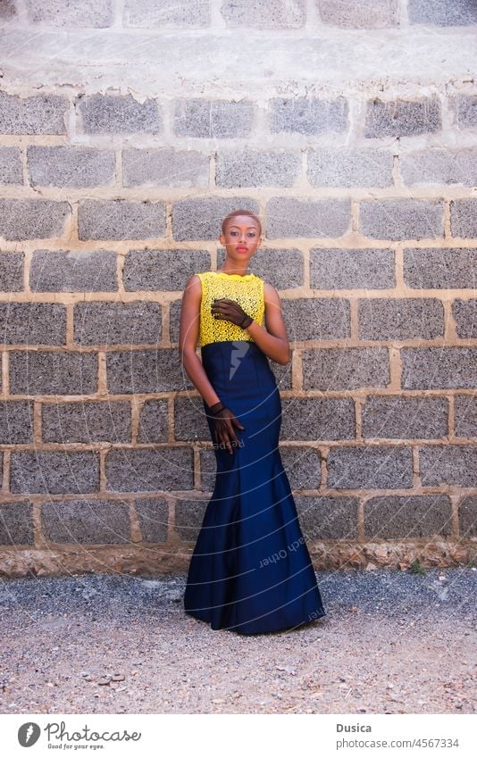 Schönes schwarzes Mädchen in elegantem Cocktailkleid Frau Afrikanisch Mode Kleid lang Eleganz Dame in voller Länge