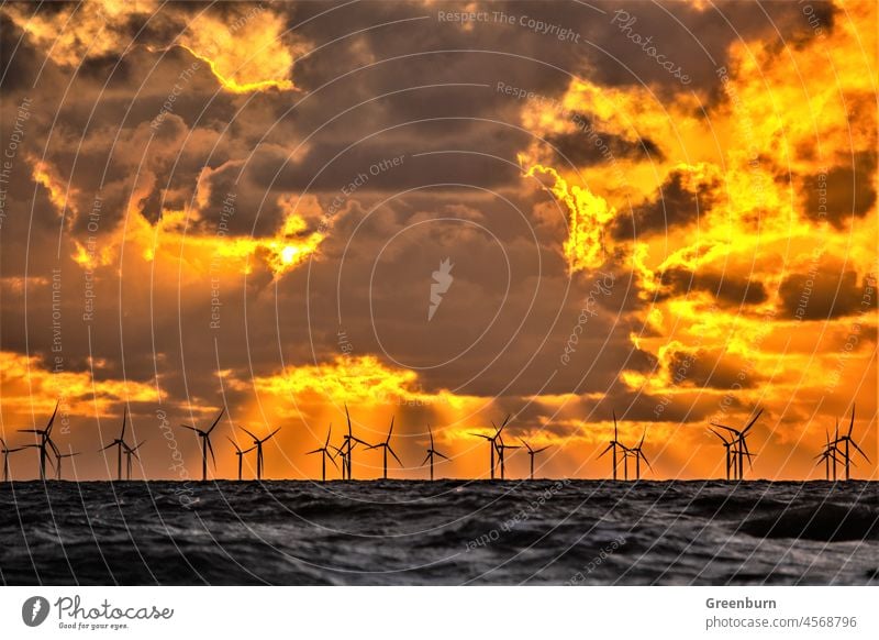 Sturmwolken bei Sonnenuntergang über dem weit entfernten Offshore-Windpark von Walney Island an der Küste Cumbrias. erneuerbare Energien Erneuerbare Energien