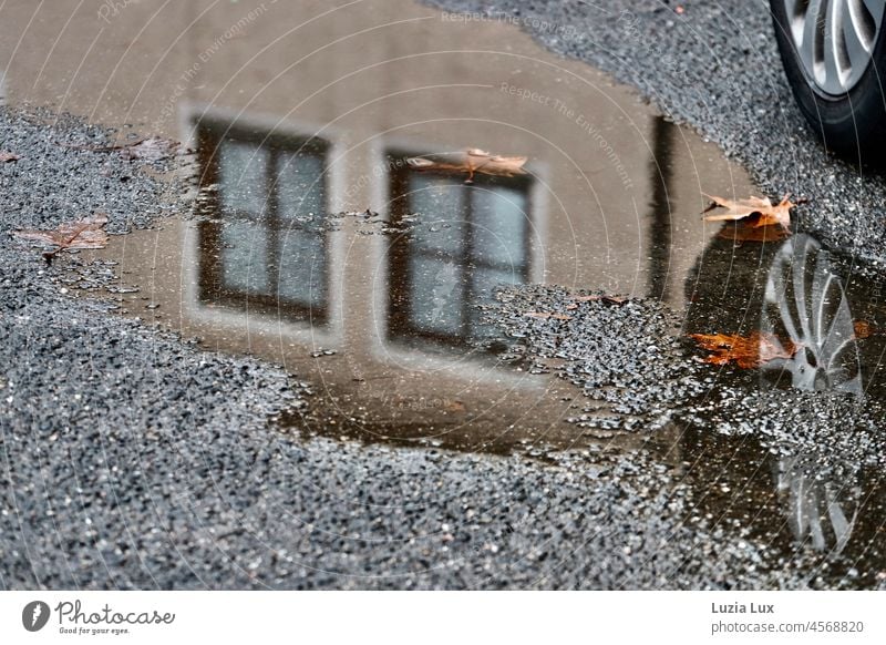 In einer Pfütze am Straßenrand spiegeln sich Gebäudeteile und das Rad eines geparkten Autos Asphalt nass Spiegelung Spiegelung im Wasser Stadt Fenster zuhause