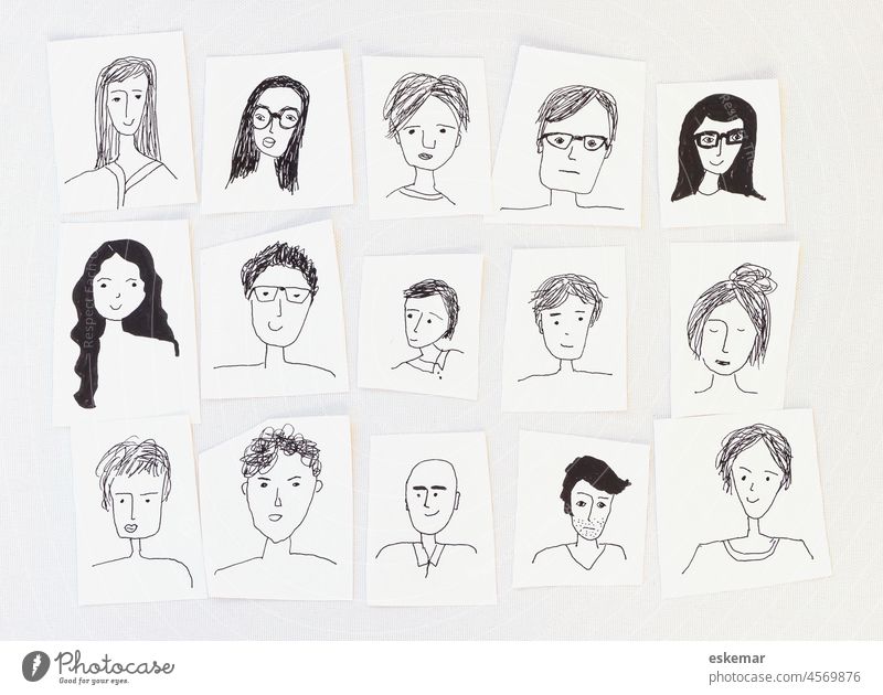 Gesichter Menschen Frau Mann viele gezeichnet Zeichnung Kunst Textfreiraum Hintergrund weiß weisser Frauen Männer Porträt Porträts lustig Zeichnungen Gruppe
