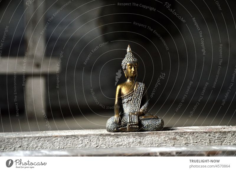 Dachboden Buddha / Rohes Holz und Düsternis / Unbeirrt strahlen Buddha-Statue Buddha-Figur Buddha-Skulptur Symbol Frieden Freude Gesundheit Bewusstsein