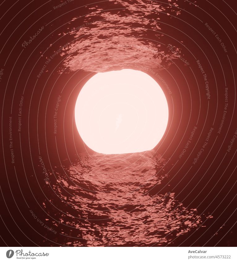Fluoreszierende orange Kreis auf dem Wasser in der Nacht reflektiert. Kreis Neon-Beleuchtung 80s Sonnenuntergang Retro Neon Hintergrund. Cyberpunk Blüte Stil abstrakte Konzept Kunst Bild. Kopieren Raum, bunt.