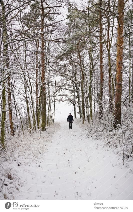 Ein Mann läuft im verschneiten Wald auf einem Weg auf eine Lichtung zu / Winter / Schneedecke Winterwald Spaziergang winterlich Waldweg zum Licht Winterstimmung