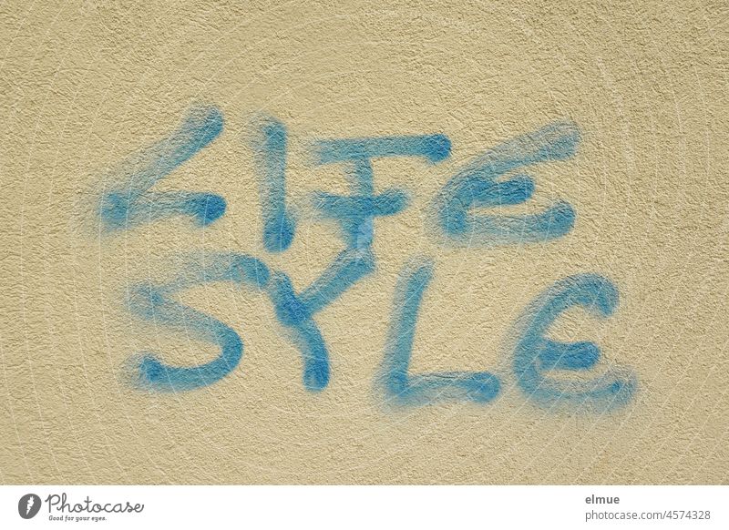 LIFE SYLE  steht in blauen Buchstaben an der verputzten Wand / englisch - spanisch / Graffito life syle Lifestyle Graffiti Schreibfehler Kreativität
