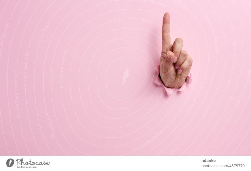 weibliche Hand, die aus einem zerrissenen Loch in einem rosafarbenen Papierhintergrund herausragt, Geste der Aufmerksamkeit Erwachsener Arme Hintergrund Pause