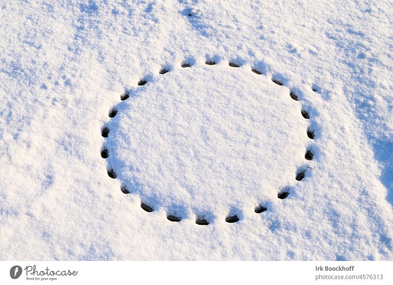 Gullydeckel Muster im Schnee Winterlicht Winterzeit weißer Hintergrund Kälte winterlich Menschenleer Eis schneebedeckt Fußspuren kreisförmig kreisrund Kreis